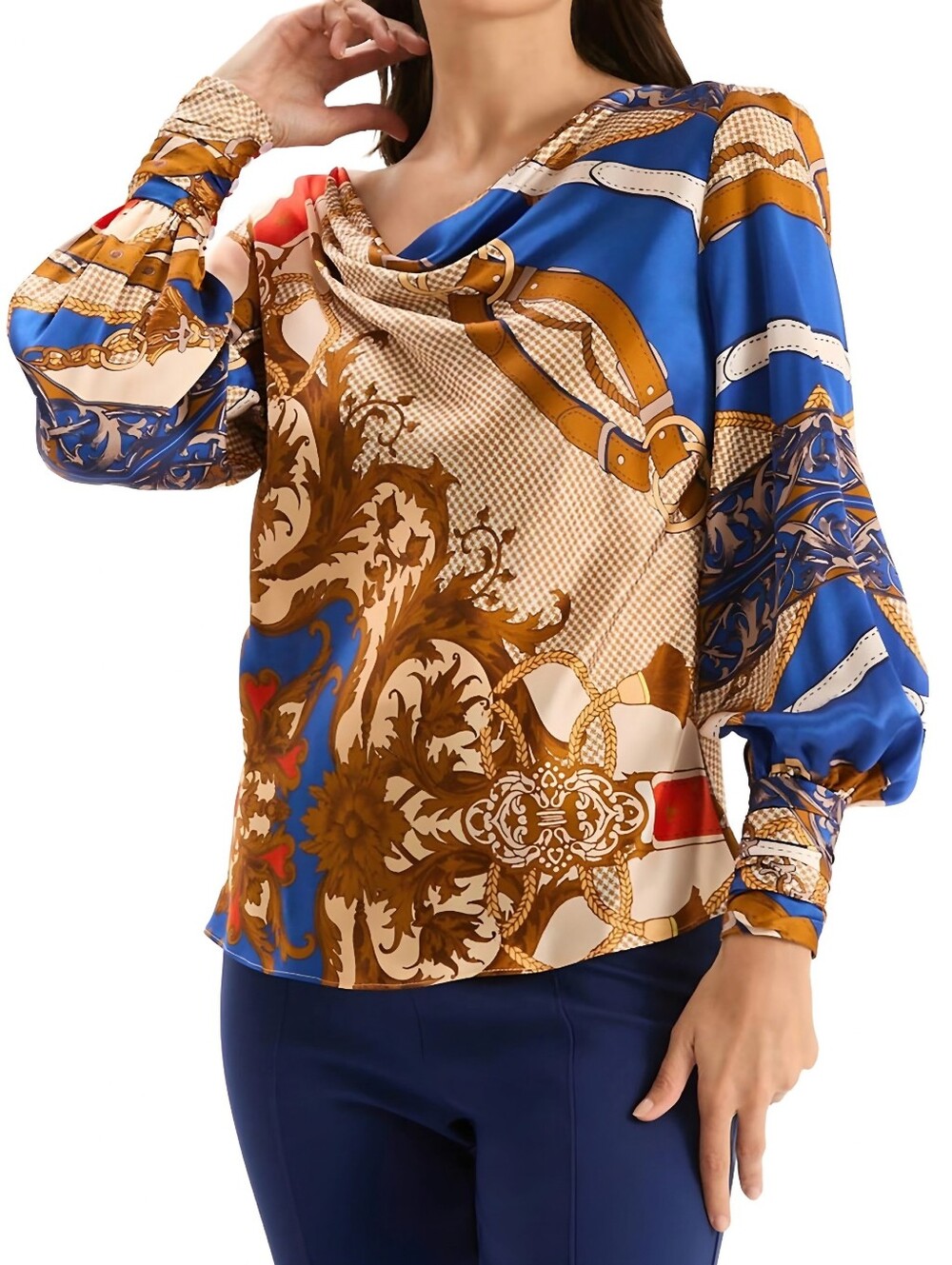 Tyler Boe Silk Equestrian Blue Red Scoopneck Top, XS
